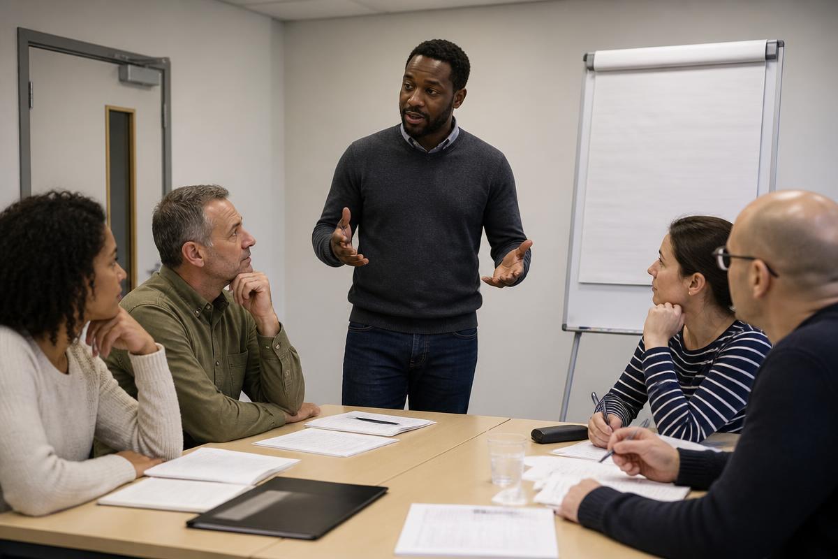 A Black male trainer facilitating a small group of adults around a table in a plain meeting room